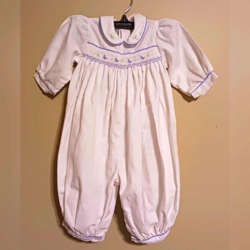 Vintage Heather Brown Girls Sz 12m White Blue Pleated Long Sleeve Button Romper